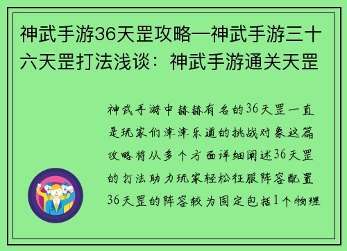 神武手游36天罡攻略—神武手游三十六天罡打法浅谈：神武手游通关天罡宝典 轻松征服36天罡